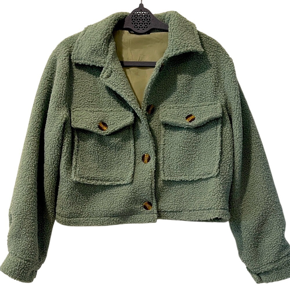 Pretty Garden Chic Women's Sage Green Sherpa Cropped‎ Jacket Small
